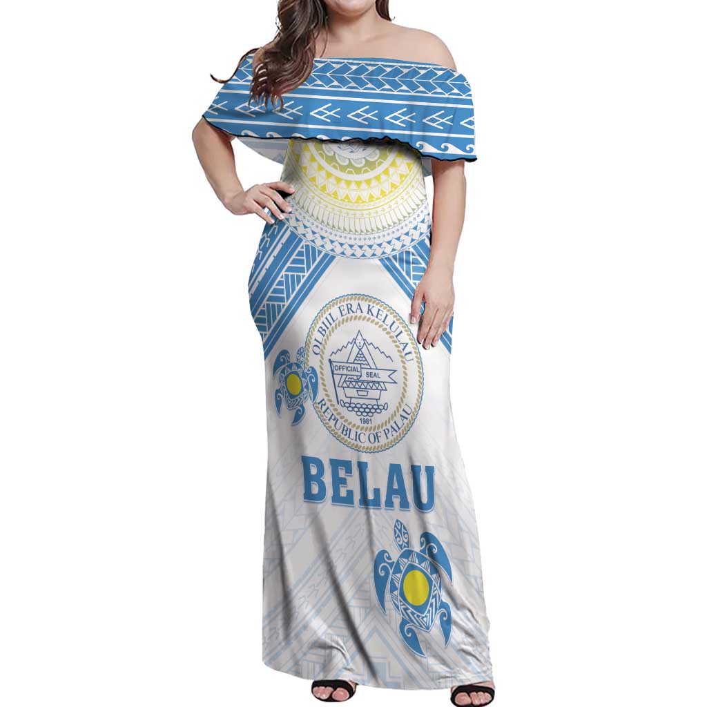 Personalised Palau Constitution Day Off Shoulder Maxi Dress Polynesian Turtle