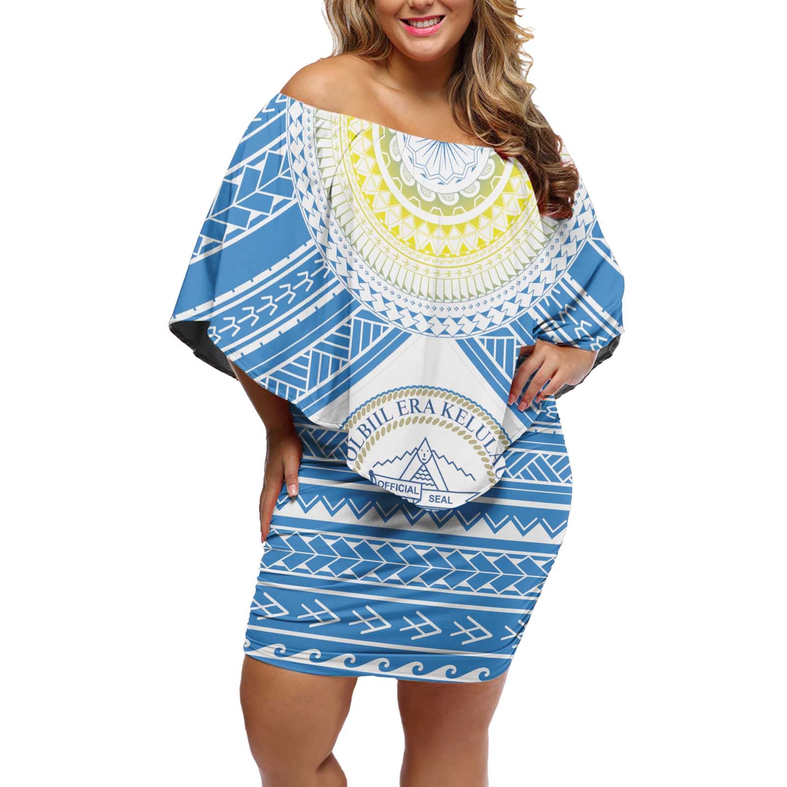 Personalised Palau Constitution Day Off Shoulder Short Dress Polynesian Turtle