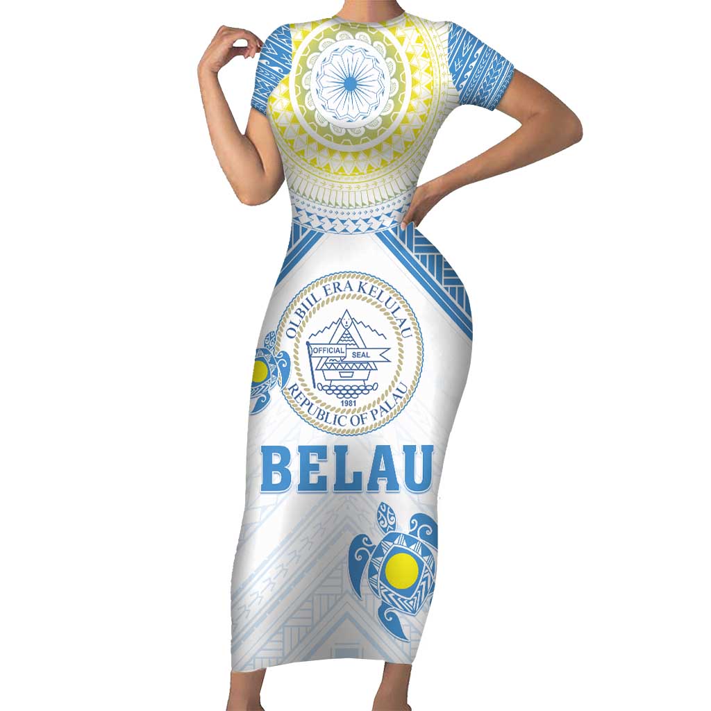 Personalised Palau Constitution Day Short Sleeve Bodycon Dress Polynesian Turtle