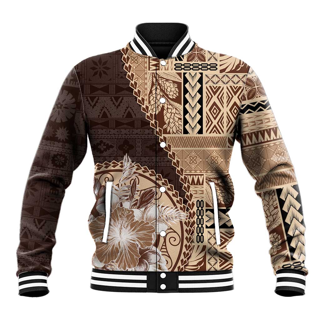 Samoa Siapo Elegant Baseball Jacket Hibiscus Chocolate Brown Motifs LT05 Unisex Brown - Polynesian Pride