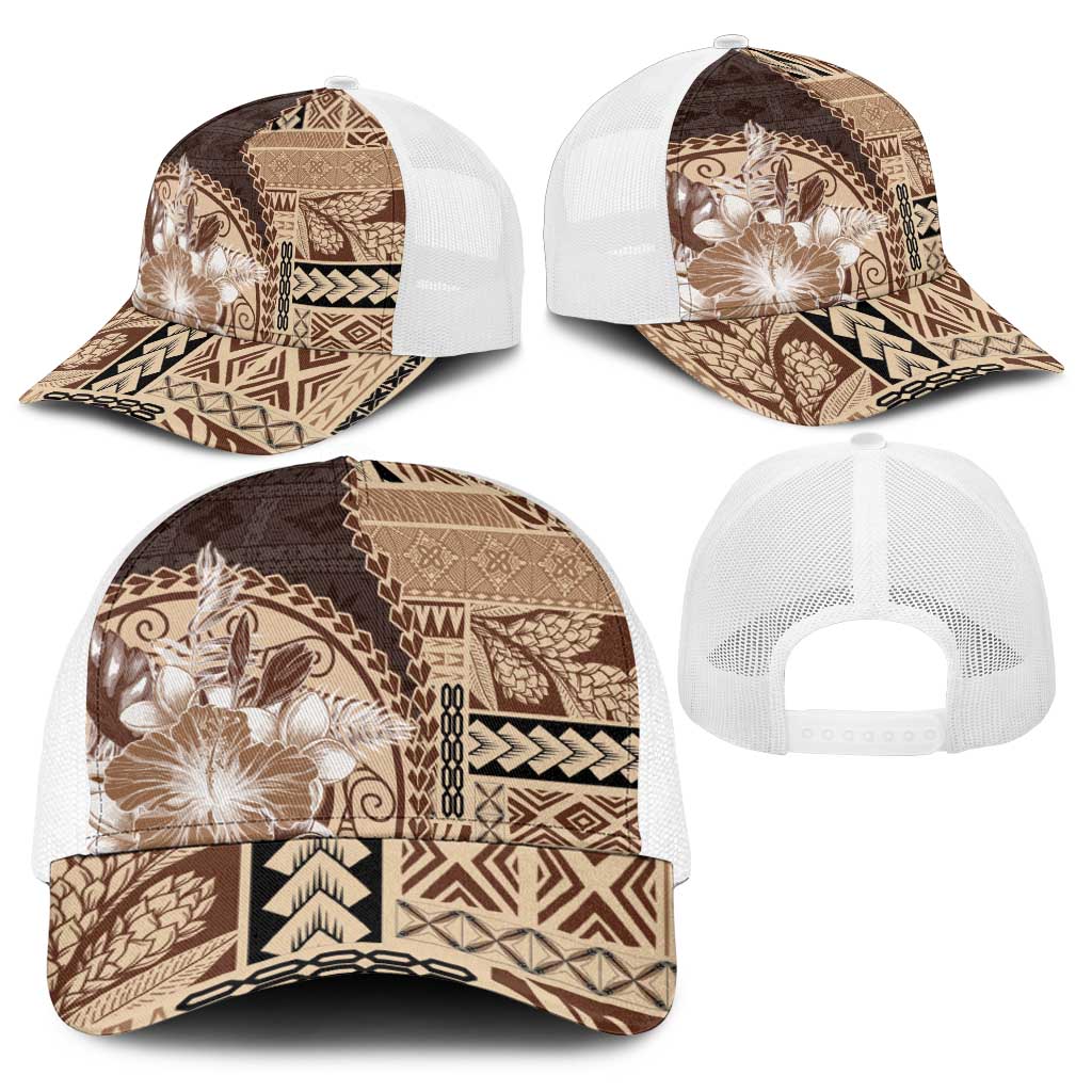 Samoa Siapo Elegant Baseball Net Cap Hibiscus Chocolate Brown Motifs - Polynesian Pride