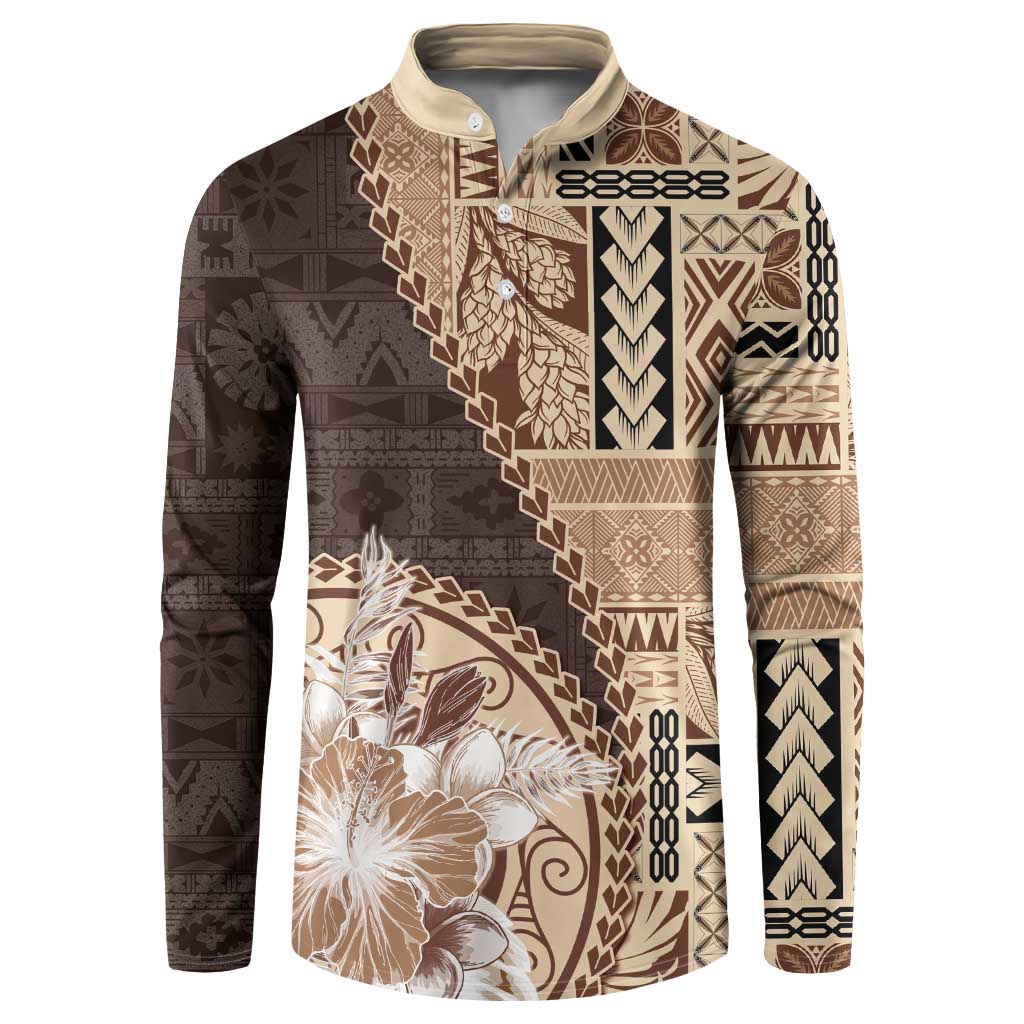Samoa Siapo Elegant Button Sweatshirt Hibiscus Chocolate Brown Motifs LT05 Brown - Polynesian Pride