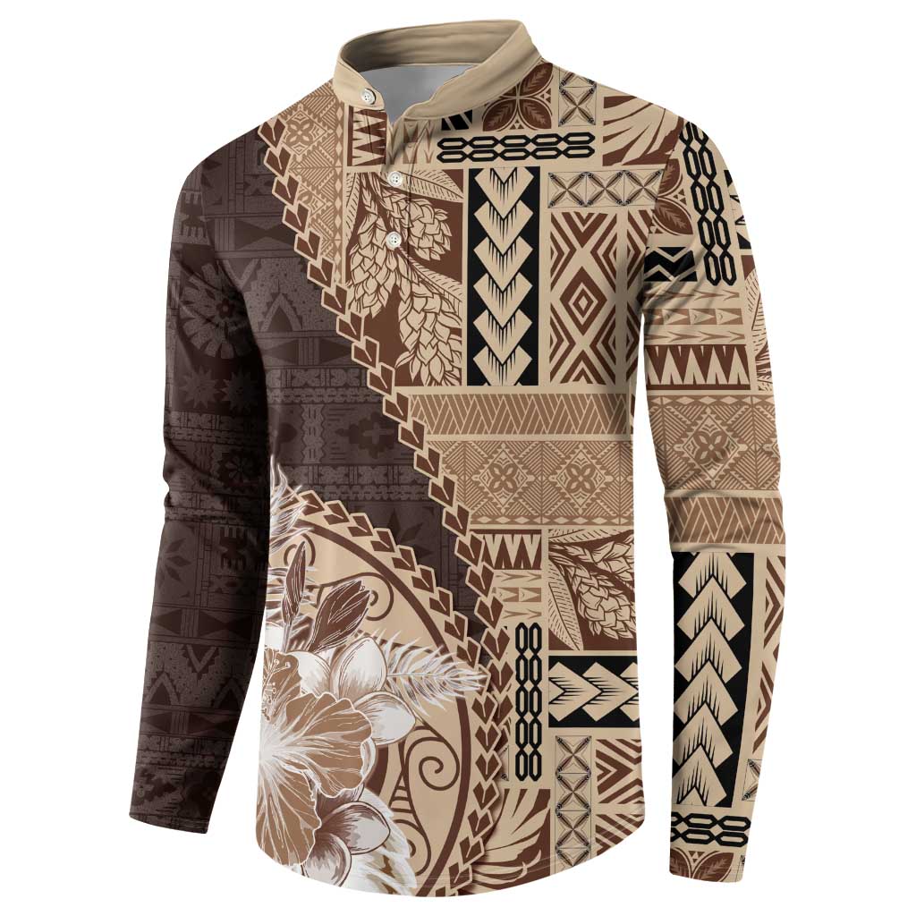 Samoa Siapo Elegant Button Sweatshirt Hibiscus Chocolate Brown Motifs LT05 - Polynesian Pride