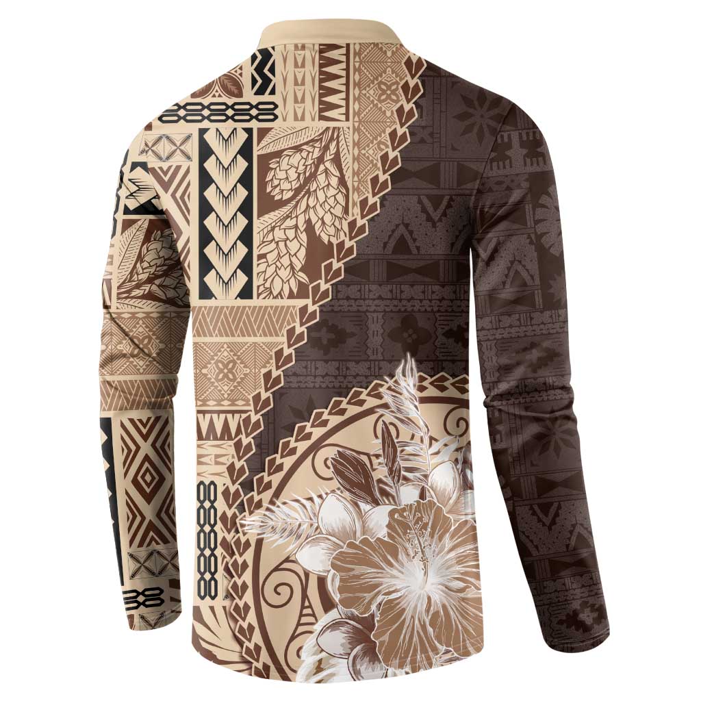 Samoa Siapo Elegant Button Sweatshirt Hibiscus Chocolate Brown Motifs LT05 - Polynesian Pride