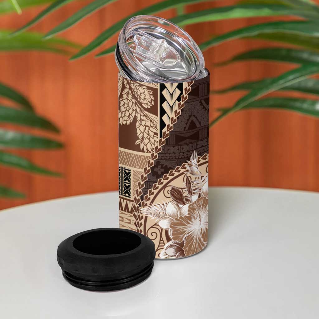 Samoa Siapo Elegant 4 in 1 Can Cooler Tumbler Hibiscus Chocolate Brown Motifs LT05 - Polynesian Pride