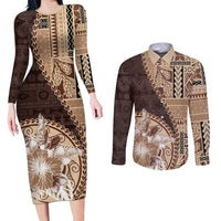 Samoa Siapo Elegant Couples Matching Long Sleeve Bodycon Dress and Long Sleeve Button Shirt Hibiscus Chocolate Brown Motifs LT05 Brown - Polynesian Pride