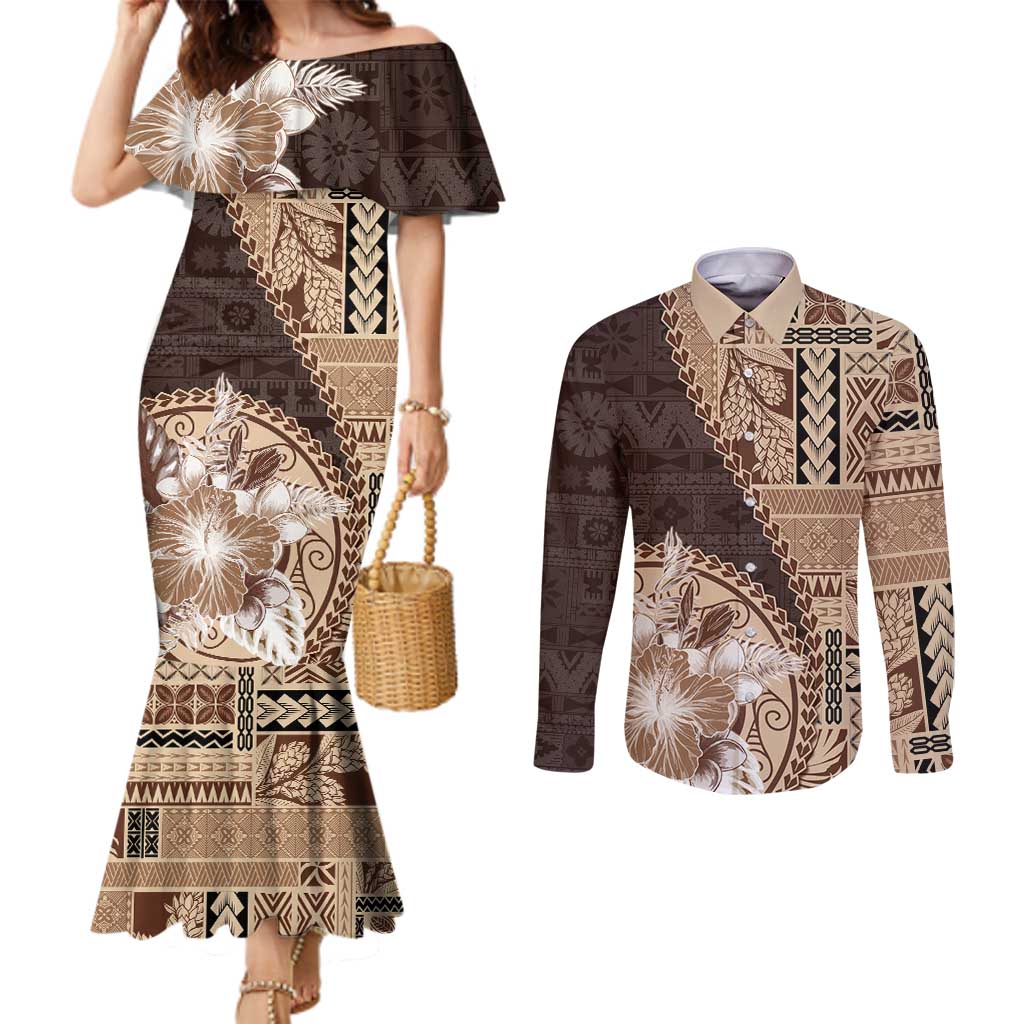 Samoa Siapo Elegant Couples Matching Mermaid Dress and Long Sleeve Button Shirt Hibiscus Chocolate Brown Motifs LT05 Brown - Polynesian Pride