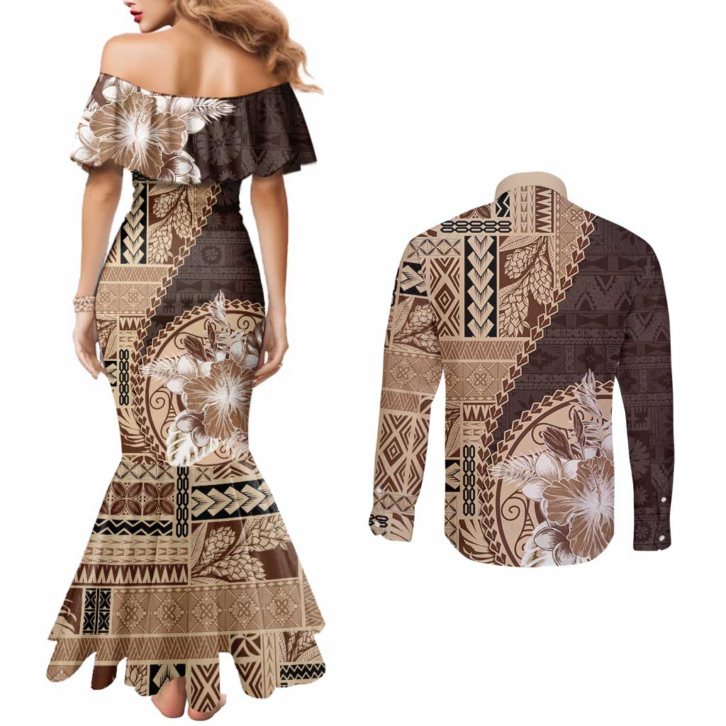 Samoa Siapo Elegant Couples Matching Mermaid Dress and Long Sleeve Button Shirt Hibiscus Chocolate Brown Motifs LT05 - Polynesian Pride