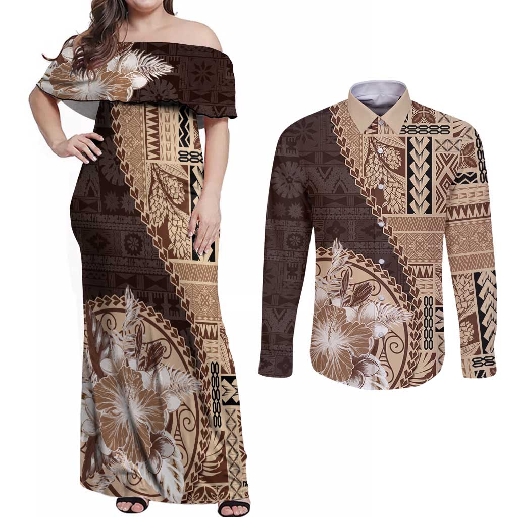 Samoa Siapo Elegant Couples Matching Off Shoulder Maxi Dress and Long Sleeve Button Shirt Hibiscus Chocolate Brown Motifs LT05 Brown - Polynesian Pride