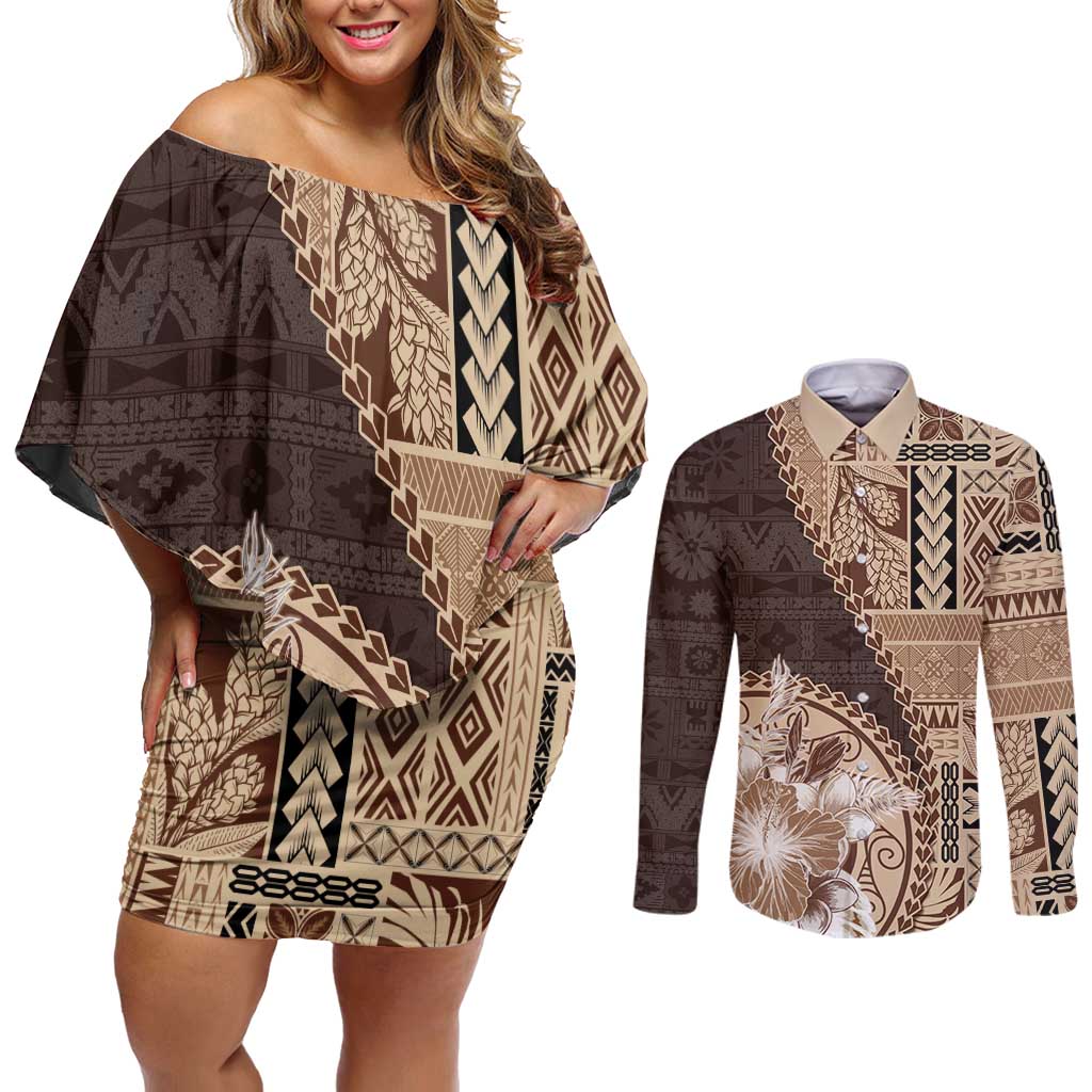 Samoa Siapo Elegant Couples Matching Off Shoulder Short Dress and Long Sleeve Button Shirt Hibiscus Chocolate Brown Motifs LT05 Brown - Polynesian Pride
