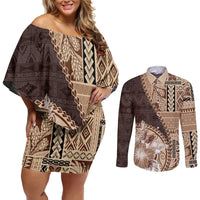 Samoa Siapo Elegant Couples Matching Off Shoulder Short Dress and Long Sleeve Button Shirt Hibiscus Chocolate Brown Motifs LT05 Brown - Polynesian Pride