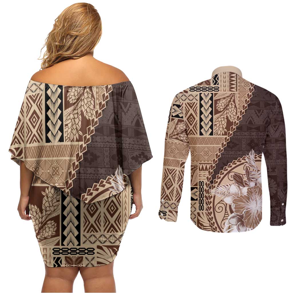 Samoa Siapo Elegant Couples Matching Off Shoulder Short Dress and Long Sleeve Button Shirt Hibiscus Chocolate Brown Motifs LT05 - Polynesian Pride