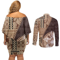 Samoa Siapo Elegant Couples Matching Off Shoulder Short Dress and Long Sleeve Button Shirt Hibiscus Chocolate Brown Motifs LT05 - Polynesian Pride