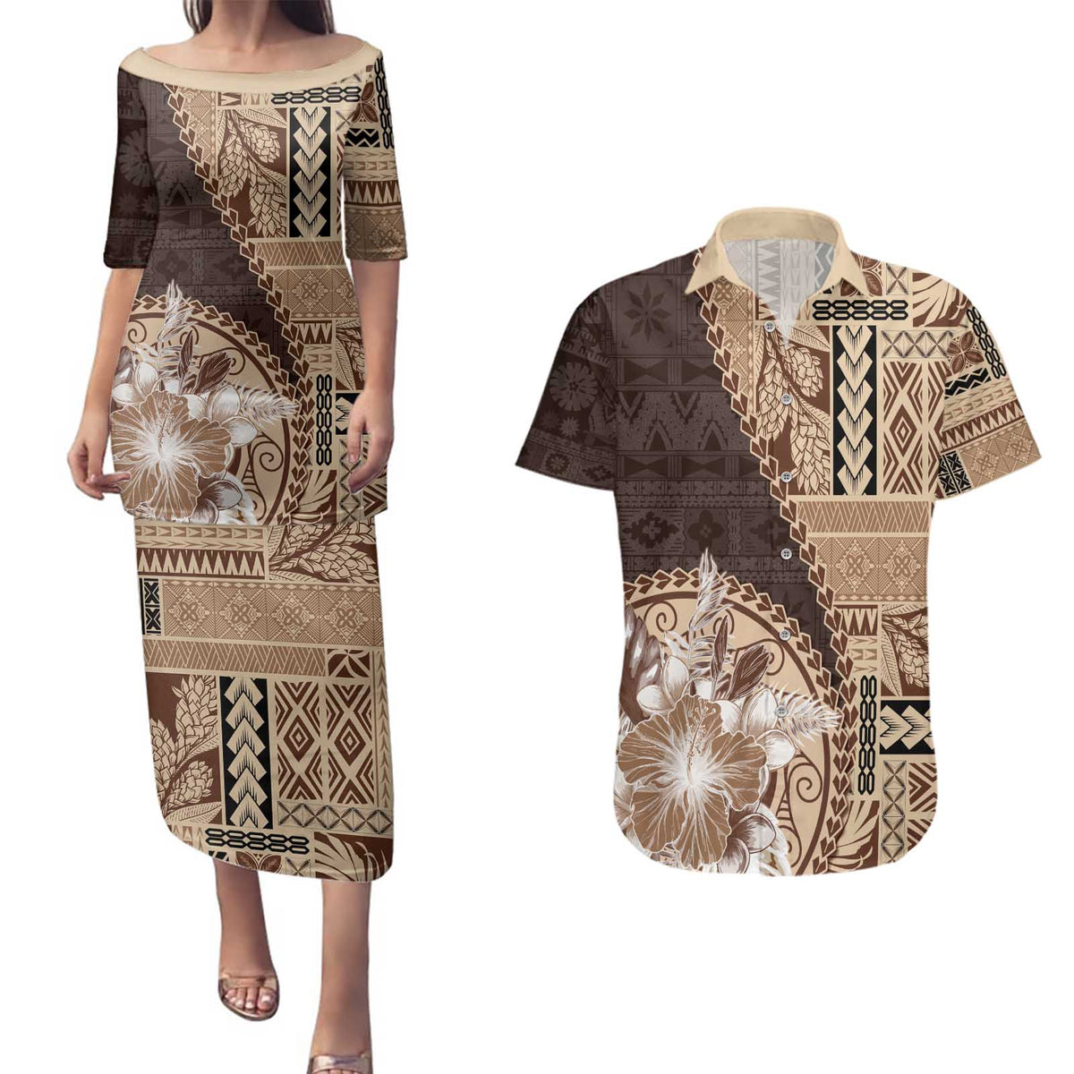 Samoa Siapo Elegant Couples Matching Puletasi and Hawaiian Shirt Hibiscus Chocolate Brown Motifs - Polynesian Pride