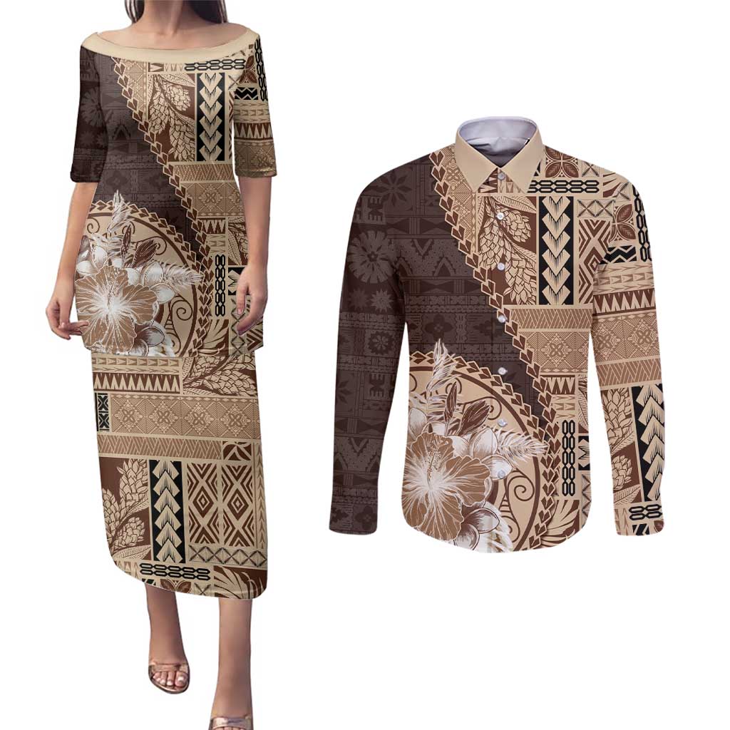 Samoa Siapo Elegant Couples Matching Puletasi and Long Sleeve Button Shirt Hibiscus Chocolate Brown Motifs LT05 Brown - Polynesian Pride