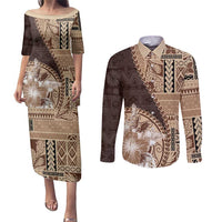 Samoa Siapo Elegant Couples Matching Puletasi and Long Sleeve Button Shirt Hibiscus Chocolate Brown Motifs LT05 Brown - Polynesian Pride