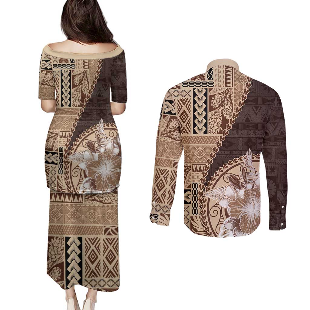 Samoa Siapo Elegant Couples Matching Puletasi and Long Sleeve Button Shirt Hibiscus Chocolate Brown Motifs LT05 - Polynesian Pride