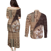 Samoa Siapo Elegant Couples Matching Puletasi and Long Sleeve Button Shirt Hibiscus Chocolate Brown Motifs LT05 - Polynesian Pride