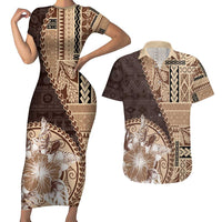 Samoa Siapo Elegant Couples Matching Short Sleeve Bodycon Dress and Hawaiian Shirt Hibiscus Chocolate Brown Motifs - Polynesian Pride