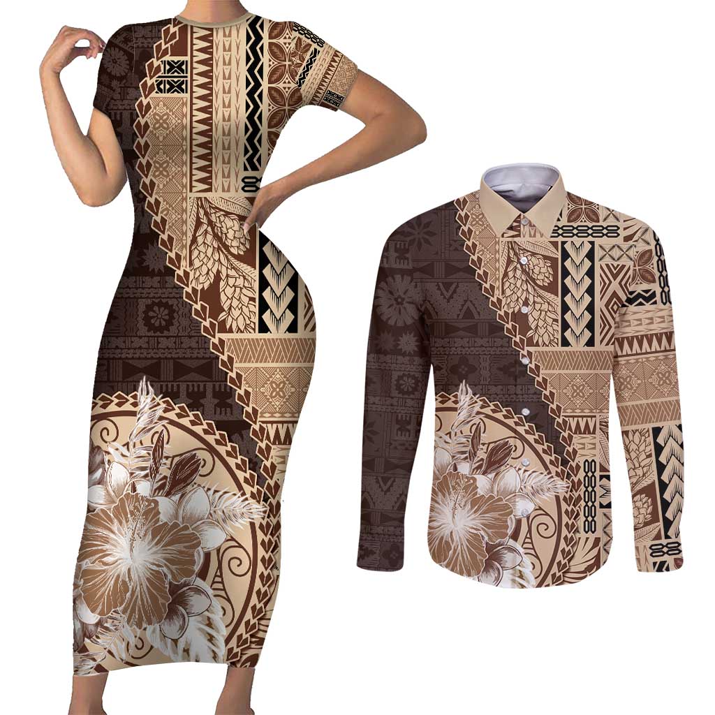 Samoa Siapo Elegant Couples Matching Short Sleeve Bodycon Dress and Long Sleeve Button Shirt Hibiscus Chocolate Brown Motifs LT05 Brown - Polynesian Pride