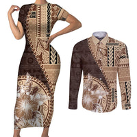Samoa Siapo Elegant Couples Matching Short Sleeve Bodycon Dress and Long Sleeve Button Shirt Hibiscus Chocolate Brown Motifs LT05 Brown - Polynesian Pride