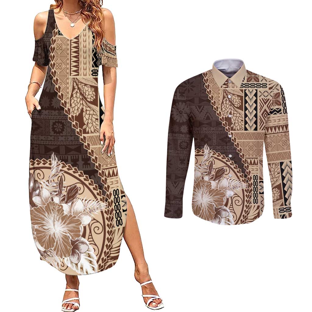 Samoa Siapo Elegant Couples Matching Summer Maxi Dress and Long Sleeve Button Shirt Hibiscus Chocolate Brown Motifs LT05 Brown - Polynesian Pride