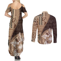 Samoa Siapo Elegant Couples Matching Summer Maxi Dress and Long Sleeve Button Shirt Hibiscus Chocolate Brown Motifs LT05 - Polynesian Pride