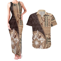 Samoa Siapo Elegant Couples Matching Tank Maxi Dress and Hawaiian Shirt Hibiscus Chocolate Brown Motifs - Polynesian Pride
