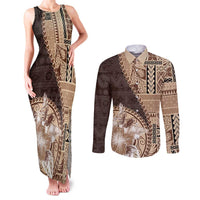 Samoa Siapo Elegant Couples Matching Tank Maxi Dress and Long Sleeve Button Shirt Hibiscus Chocolate Brown Motifs LT05 Brown - Polynesian Pride