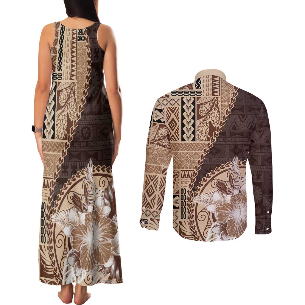 Samoa Siapo Elegant Couples Matching Tank Maxi Dress and Long Sleeve Button Shirt Hibiscus Chocolate Brown Motifs LT05 - Polynesian Pride
