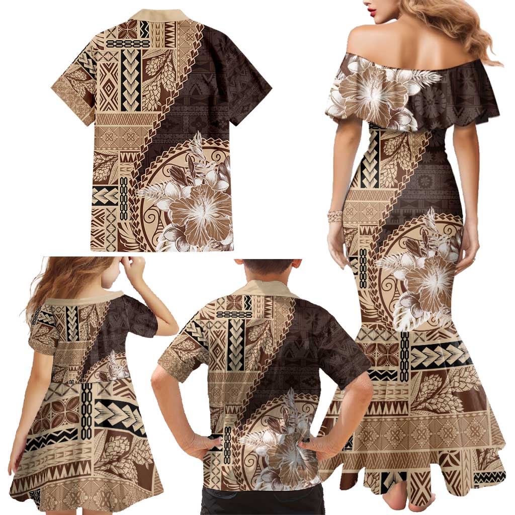 Samoa Siapo Elegant Family Matching Mermaid Dress and Hawaiian Shirt Hibiscus Chocolate Brown Motifs - Polynesian Pride