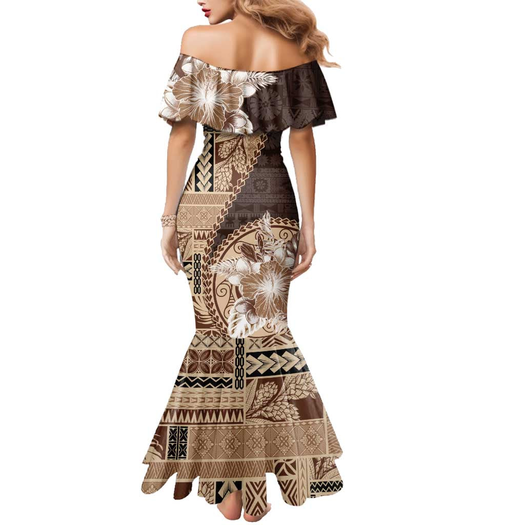 Samoa Siapo Elegant Family Matching Mermaid Dress and Hawaiian Shirt Hibiscus Chocolate Brown Motifs - Polynesian Pride