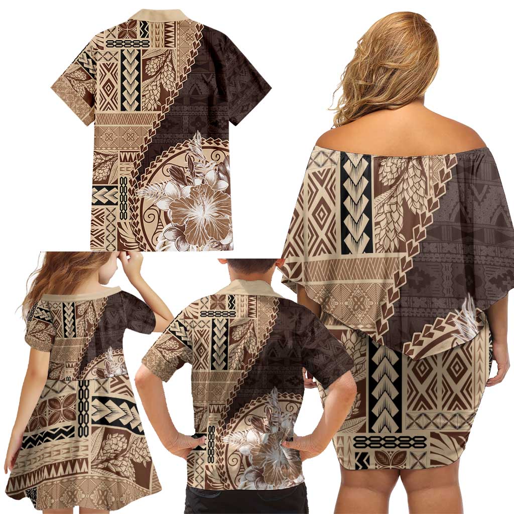 Samoa Siapo Elegant Family Matching Off Shoulder Short Dress and Hawaiian Shirt Hibiscus Chocolate Brown Motifs - Polynesian Pride