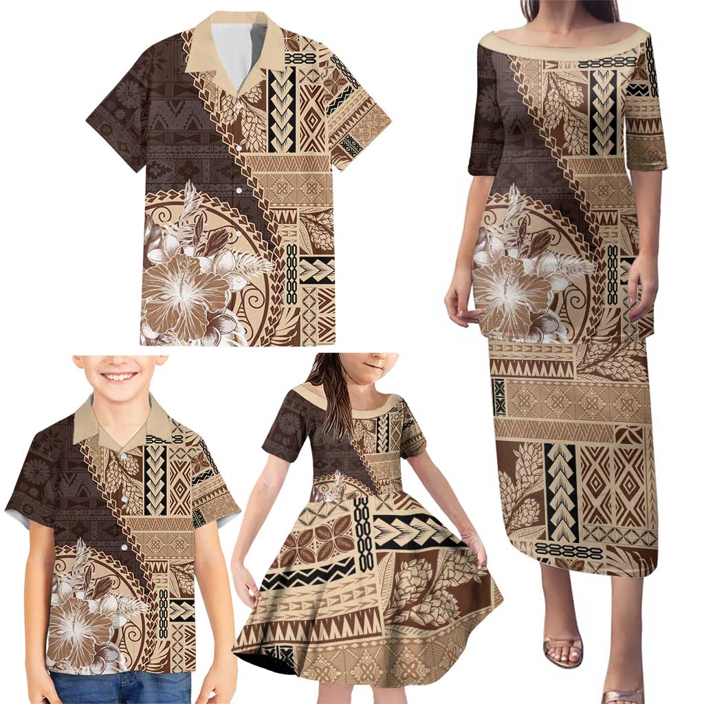 Samoa Siapo Elegant Family Matching Puletasi and Hawaiian Shirt Hibiscus Chocolate Brown Motifs - Polynesian Pride