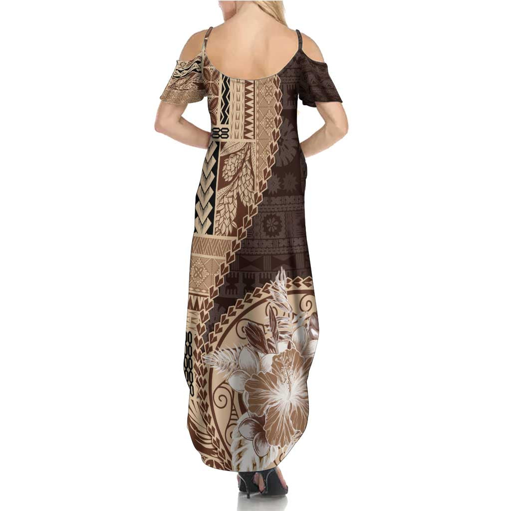 Samoa Siapo Elegant Family Matching Summer Maxi Dress and Hawaiian Shirt Hibiscus Chocolate Brown Motifs - Polynesian Pride