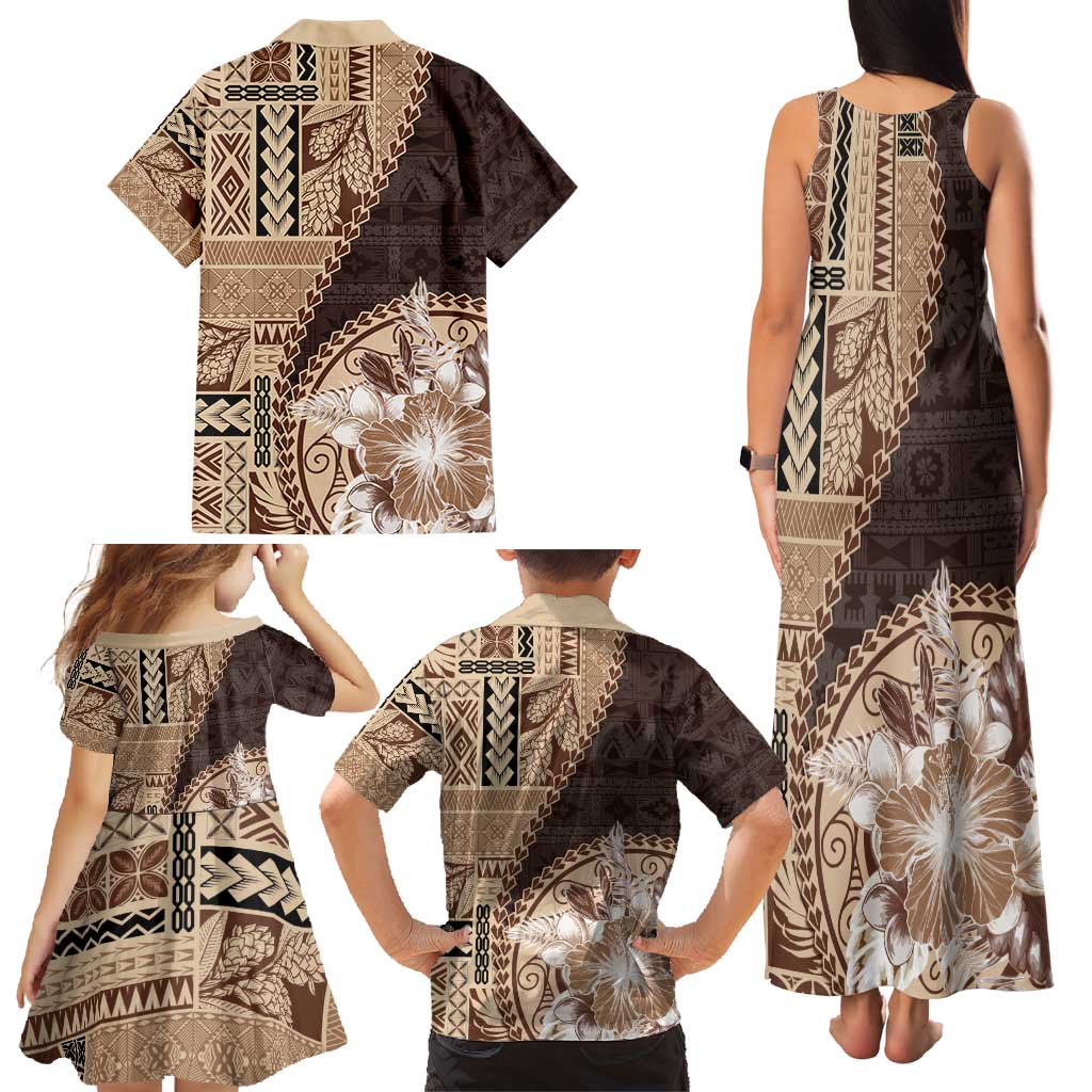 Samoa Siapo Elegant Family Matching Tank Maxi Dress and Hawaiian Shirt Hibiscus Chocolate Brown Motifs - Polynesian Pride