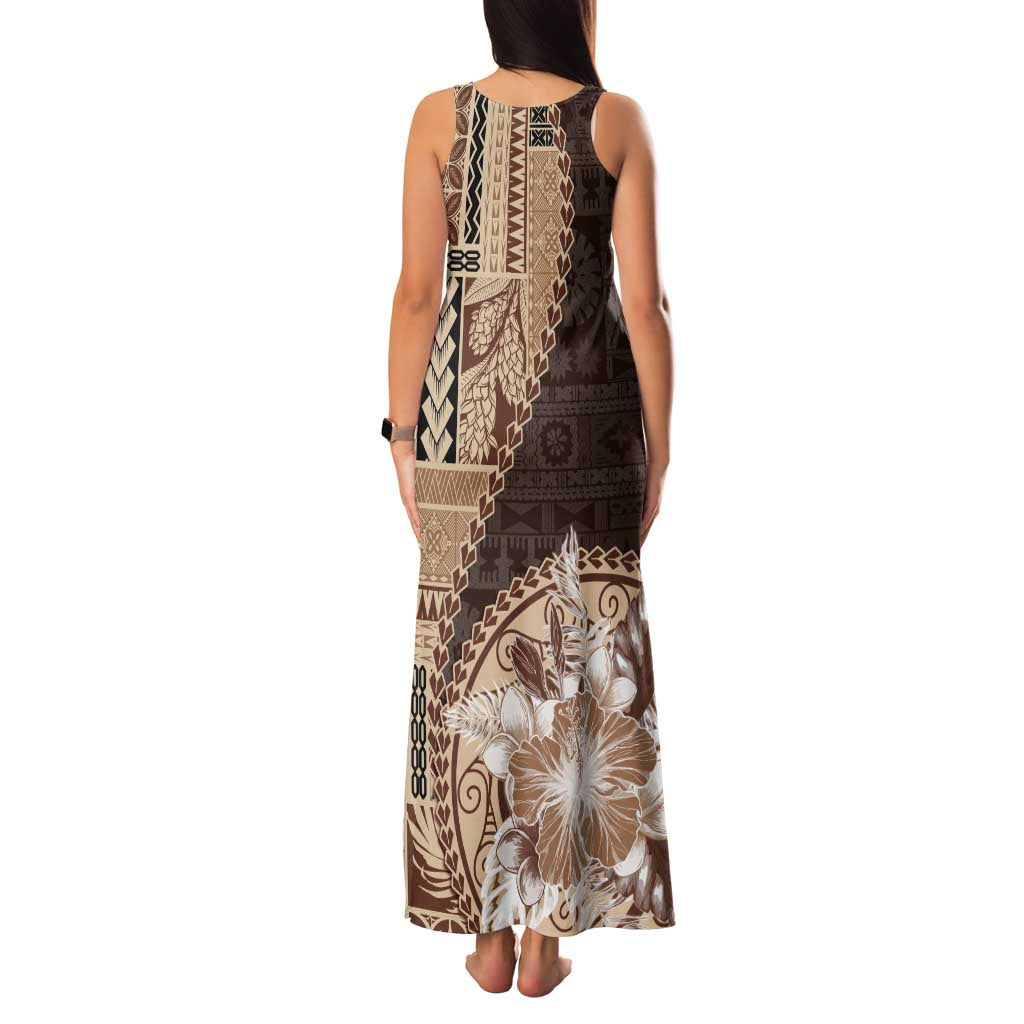 Samoa Siapo Elegant Family Matching Tank Maxi Dress and Hawaiian Shirt Hibiscus Chocolate Brown Motifs - Polynesian Pride