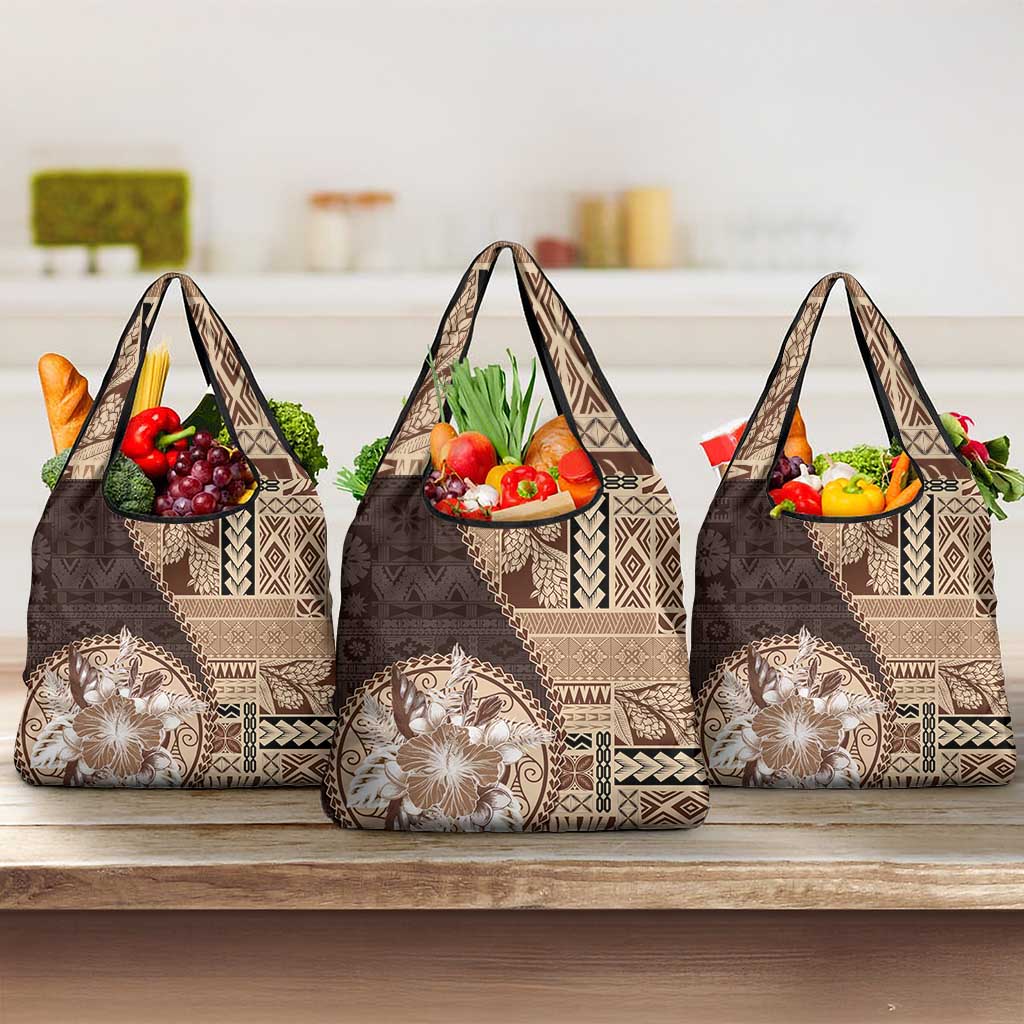 Samoa Siapo Elegant Grocery Bag Hibiscus Chocolate Brown Motifs LT05 3-pack One Size Brown - Polynesian Pride