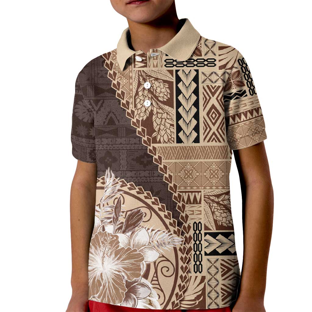 Samoa Siapo Elegant Kid Polo Shirt Hibiscus Chocolate Brown Motifs - Polynesian Pride