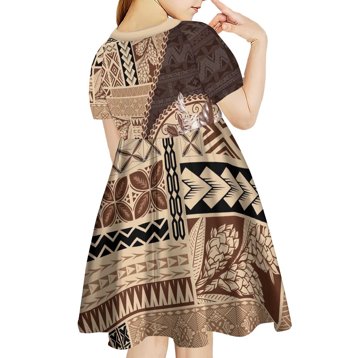 Samoa Siapo Elegant Kid Short Sleeve Dress Hibiscus Chocolate Brown Motifs - Polynesian Pride