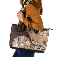 Samoa Siapo Elegant Leather Tote Bag Hibiscus Chocolate Brown Motifs - Polynesian Pride