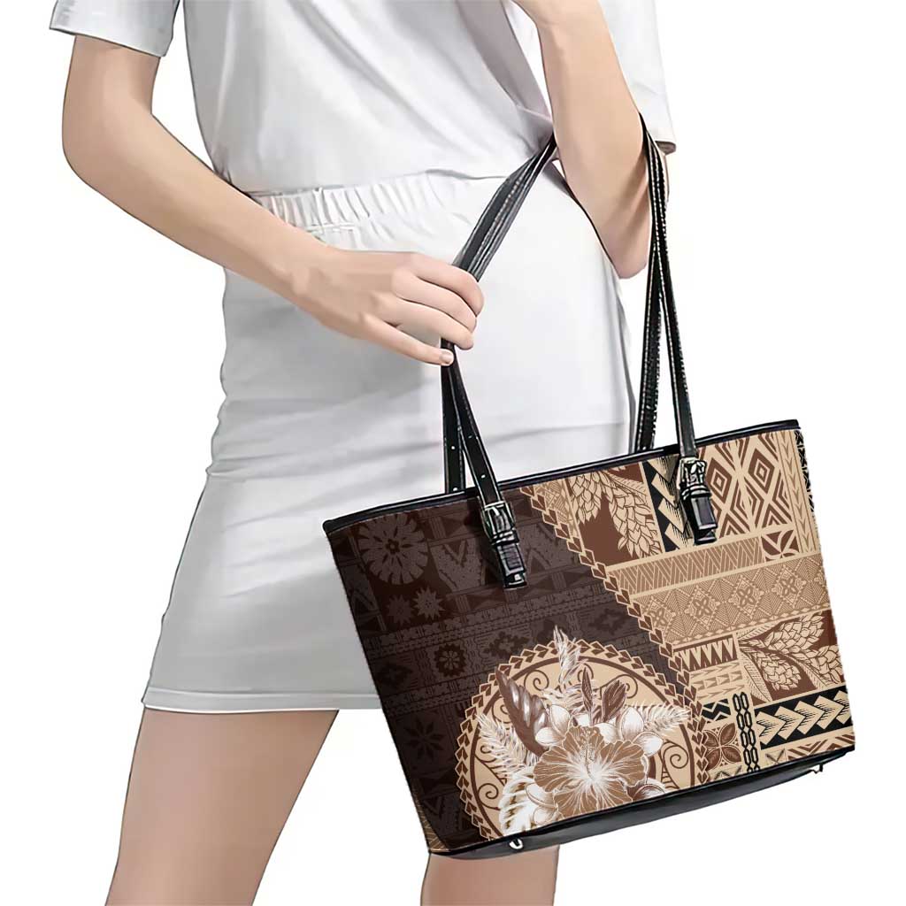 Samoa Siapo Elegant Leather Tote Bag Hibiscus Chocolate Brown Motifs - Polynesian Pride