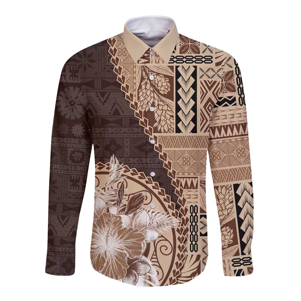 Samoa Siapo Elegant Long Sleeve Button Shirt Hibiscus Chocolate Brown Motifs LT05 Unisex Brown - Polynesian Pride