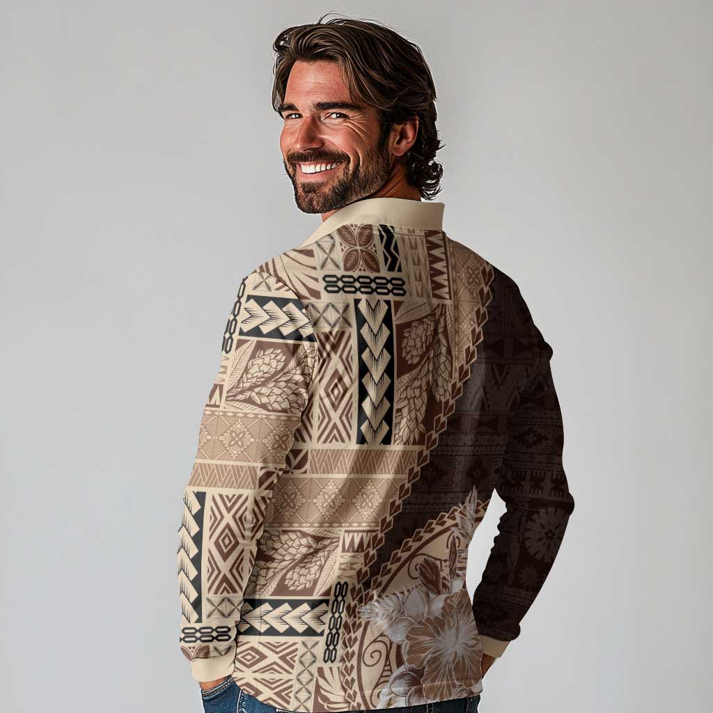 Samoa Siapo Elegant Long Sleeve Polo Shirt Hibiscus Chocolate Brown Motifs - Polynesian Pride