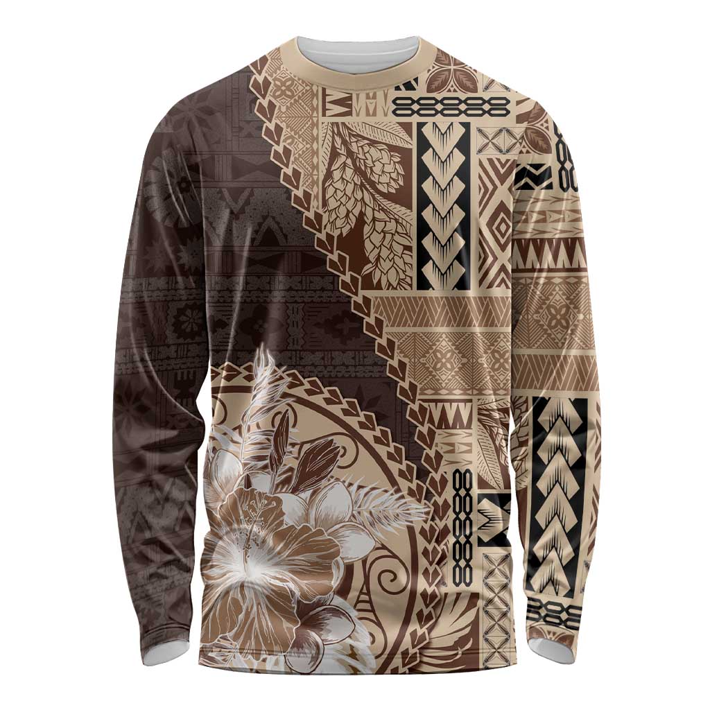 Samoa Siapo Elegant Long Sleeve Shirt Hibiscus Chocolate Brown Motifs LT05 Unisex Brown - Polynesian Pride