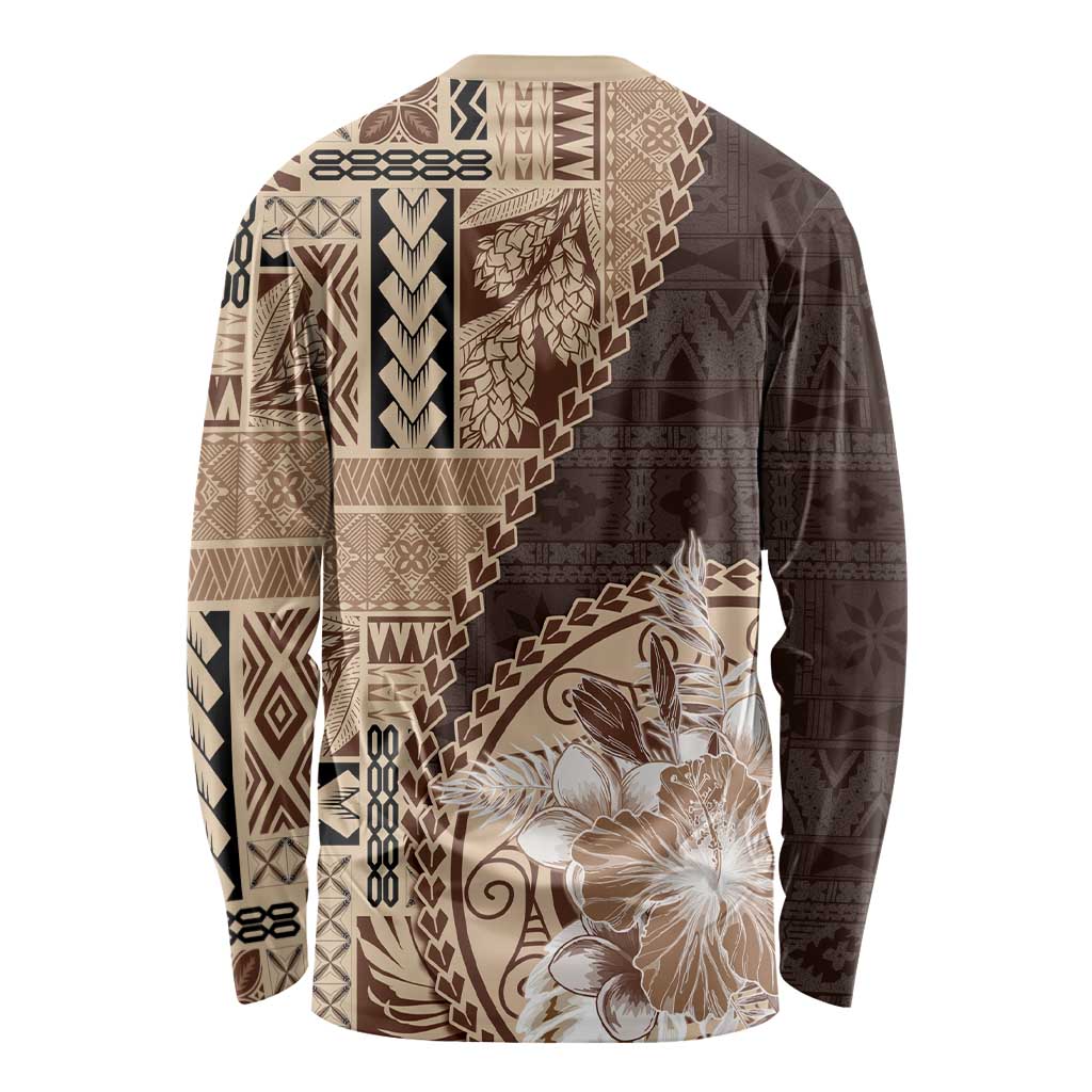 Samoa Siapo Elegant Long Sleeve Shirt Hibiscus Chocolate Brown Motifs LT05 - Polynesian Pride