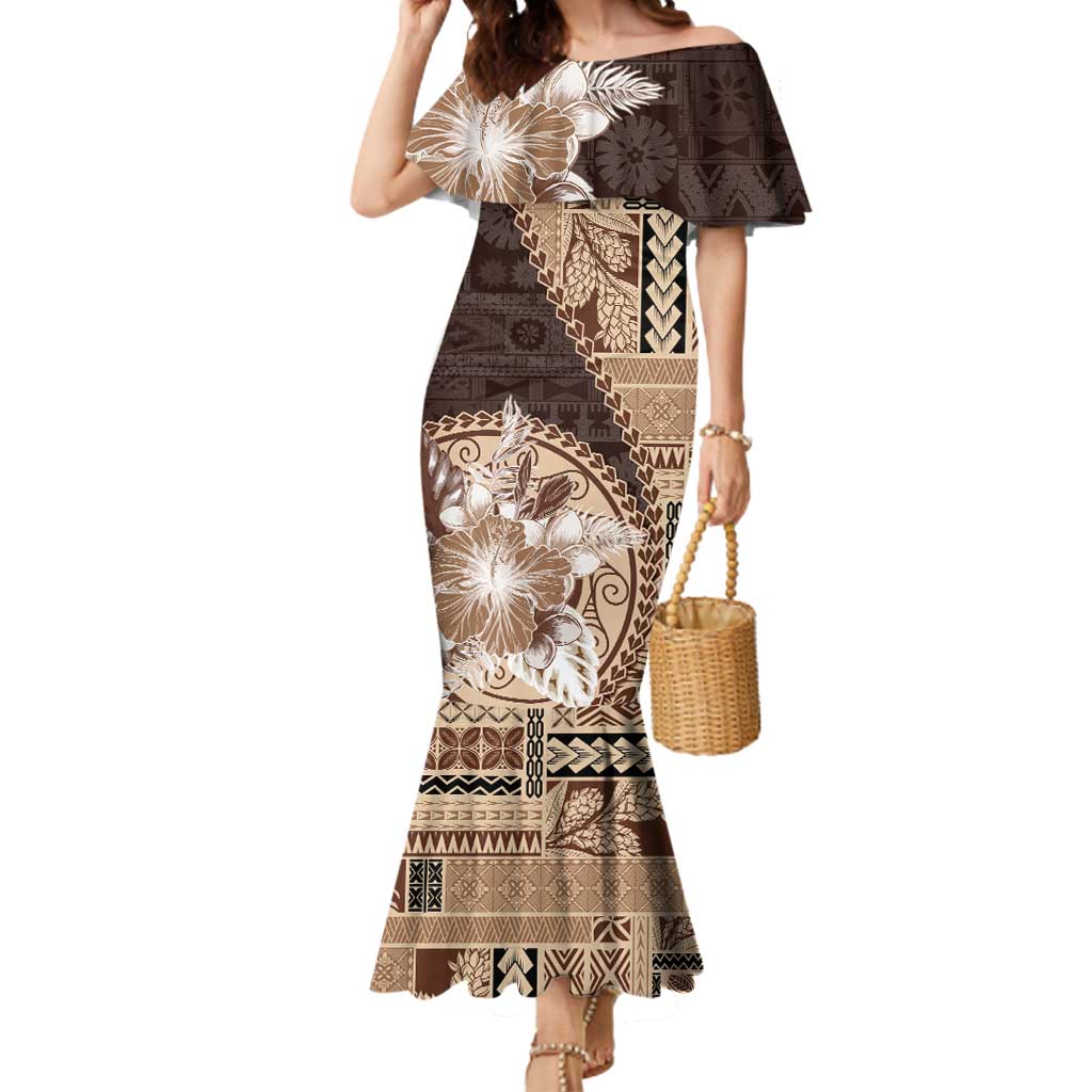 Samoa Siapo Elegant Mermaid Dress Hibiscus Chocolate Brown Motifs - Polynesian Pride