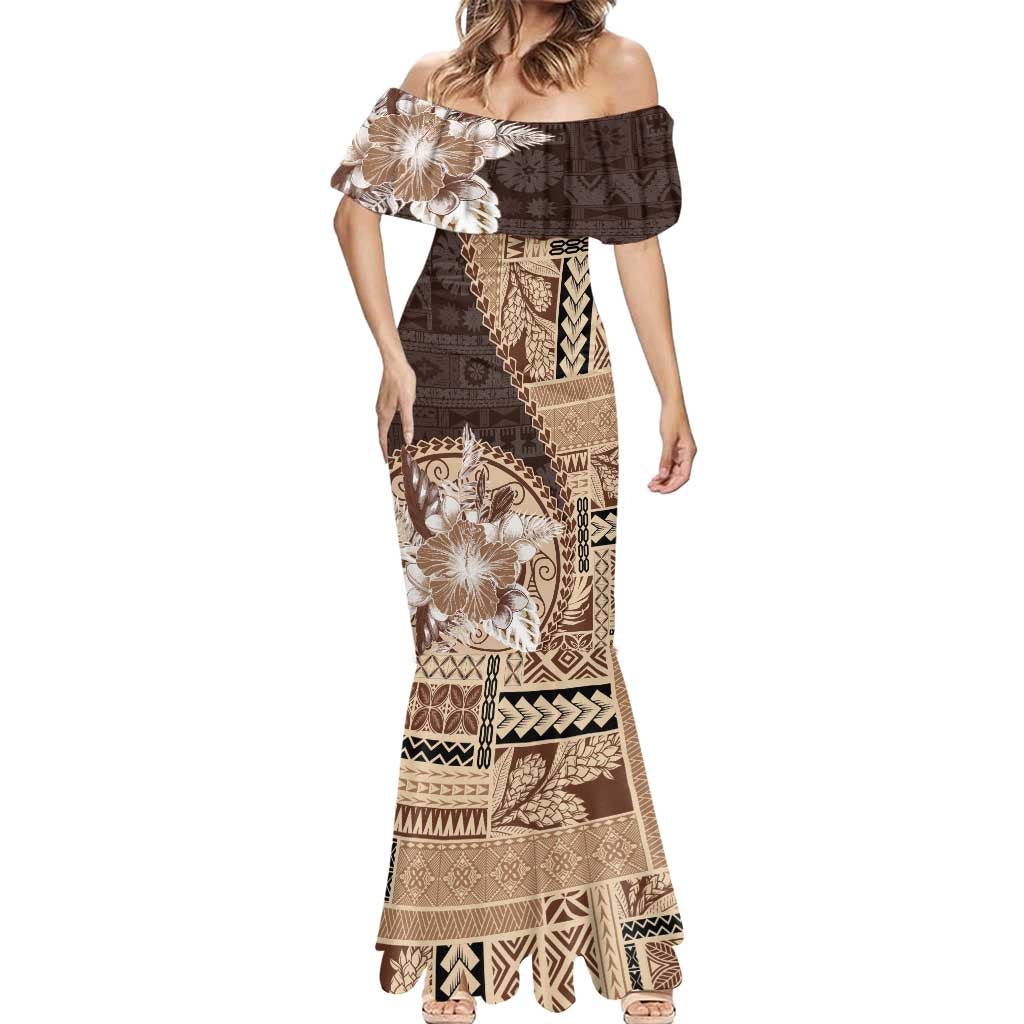 Samoa Siapo Elegant Mermaid Dress Hibiscus Chocolate Brown Motifs - Polynesian Pride