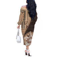 Samoa Siapo Elegant Off The Shoulder Long Sleeve Dress Hibiscus Chocolate Brown Motifs - Polynesian Pride