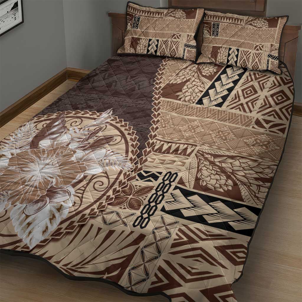 Samoa Siapo Elegant Quilt Bed Set Hibiscus Chocolate Brown Motifs - Polynesian Pride